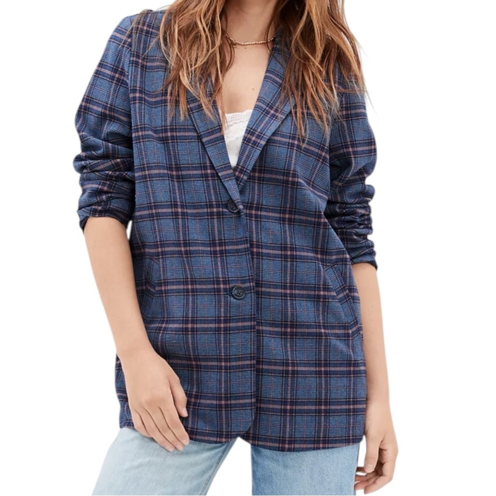 American Eagle NWT $80 Plaid Blazer Relaxed Fit Blue Pink Oversized XL 90s style